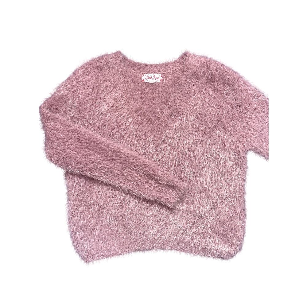 Pink Rose Pink Fuzzy Eyelash V-Neck Sweater Small